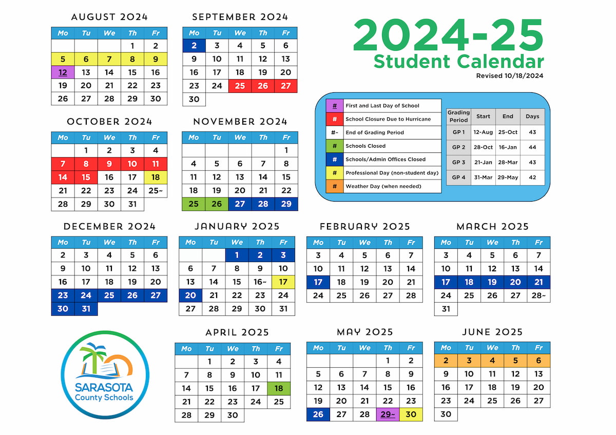 Revised Sarasota County Schools calendar